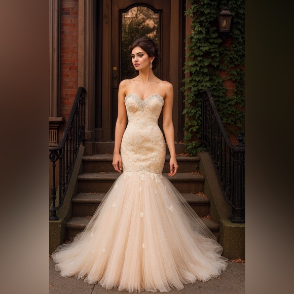 Mac Duggal Strapless Lace Tulle Mermaid Evening Gown Formal...